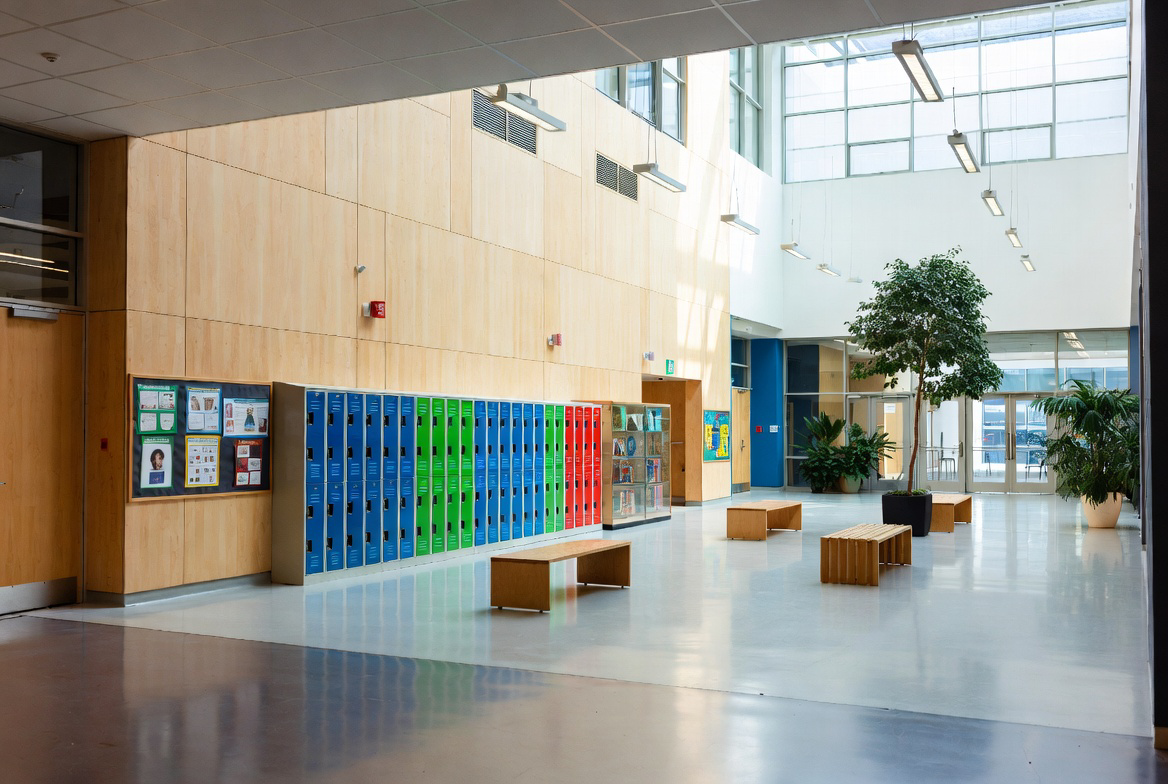 A bright, modern K-12 school commons
